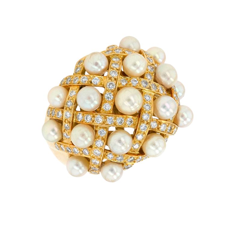 Bague vintage diamants 0.46 carat et perles or jaune 19.24g Comme neuf -  reconditionné disponible sur Gemme Les Bijoux